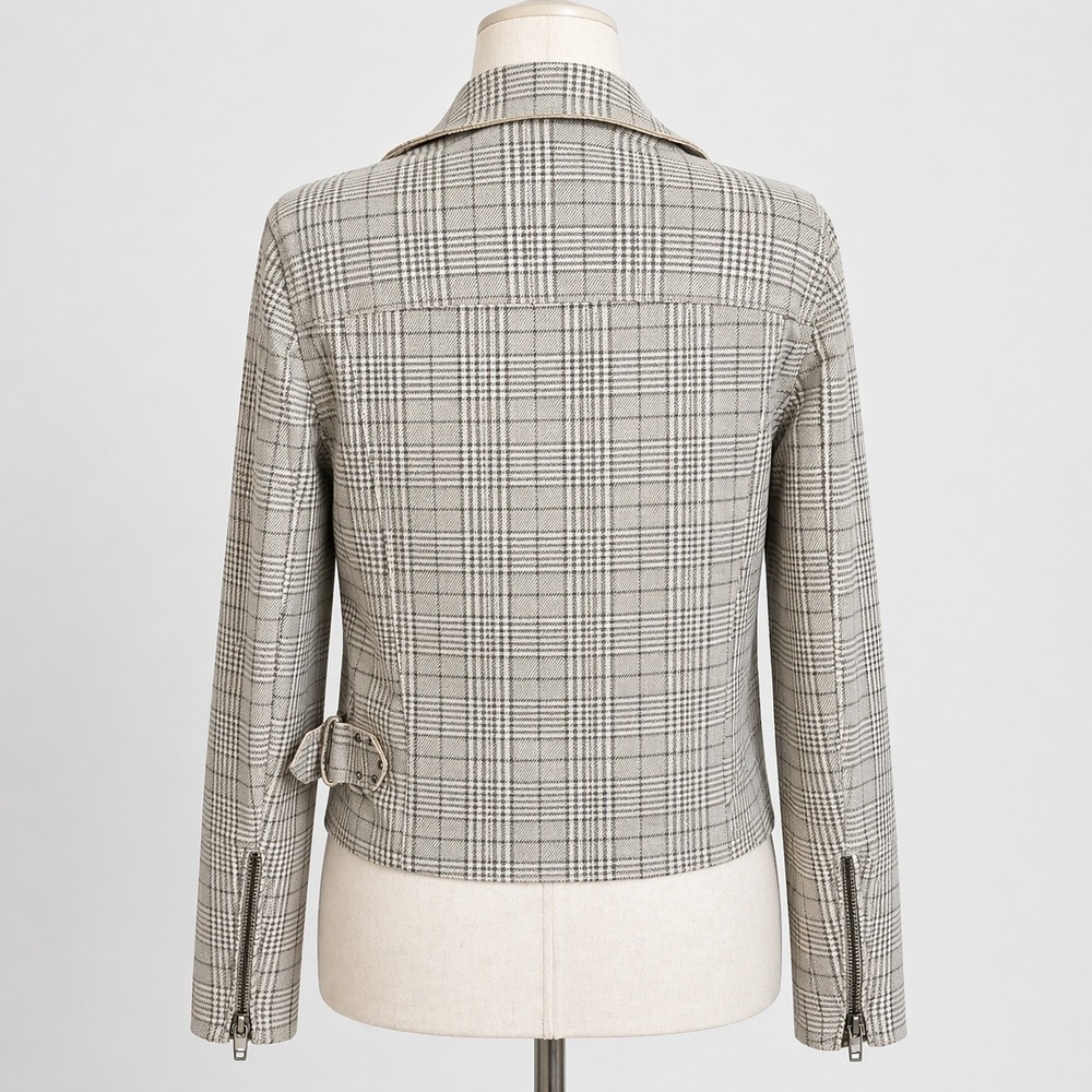 Revolve New Blank NYC Glen Neutral Plaid Moto Zip Front Jacket SZ Medium Boho - Picture 4 of 12